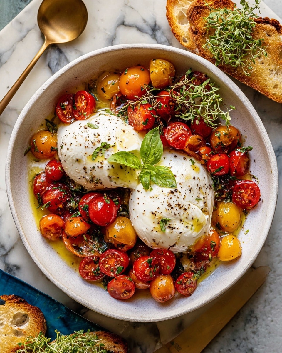 Two large white balls of creamy cheese sit side by side in a white bowl, sprinkled with coarse black pepper and a drizzle of olive oil. Surrounding the cheese are bright red and golden cherry tomatoes, some whole and some halved, mixed with finely chopped green herbs, creating a fresh and colorful contrast. A small sprig of fresh green basil rests gently on top of the cheese. The bowl is placed on a white marbled surface, with a brass spoon partially seen on the left and a white marbled tile underneath. Nearby, crisp toasted bread topped with fresh basil leaves adds a warm touch to the setting. Photo taken with an iphone --ar 4:5 --v 7
