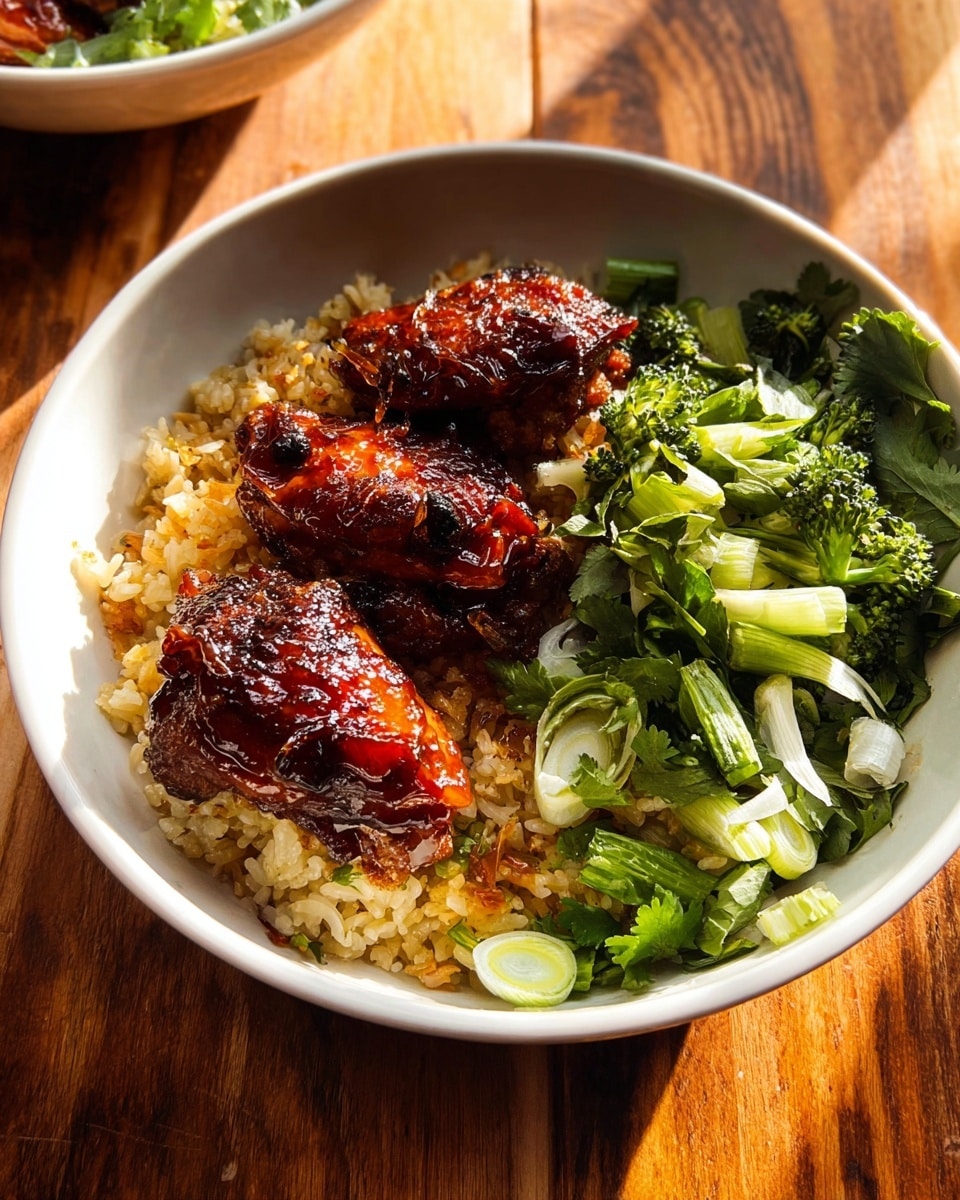 A white bowl holds a layered dish with the bottom layer of golden-brown fried rice, fluffy and slightly crispy in texture. On top of the rice are three pieces of dark reddish-brown glazed chicken wings with a sticky, shiny sauce coating and small broccoli florets attached. On one side of the bowl, a fresh green salad of sliced scallions and chopped cilantro adds a bright contrast with its leafy texture. The bowl is set on a warm wooden surface with soft natural light highlighting the food. Photo taken with an iphone --ar 4:5 --v 7