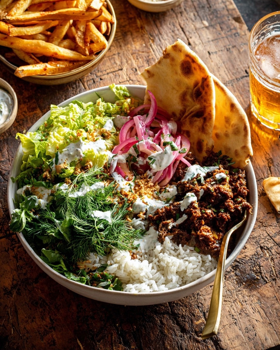 A white bowl filled with four main visible layers: a base layer of white cooked rice on the right, next to a layer of crumbled brown spiced meat with visible caramelized onions, topped with drops of white yogurt sauce; to the left is a layer of shredded green lettuce mixed with pink pickled onion slices and drizzled with white yogurt sauce; fresh green herbs like cilantro and dill sit on top near two folded pieces of warm light brown flatbread leaning on the bowl’s edge. A gold spoon rests partially buried in the rice. The bowl sits on a rustic wooden table with a glass of light amber beverage behind it and golden brown fries with a creamy white dipping sauce nearby. Photo taken with an iphone --ar 4:5 --v 7