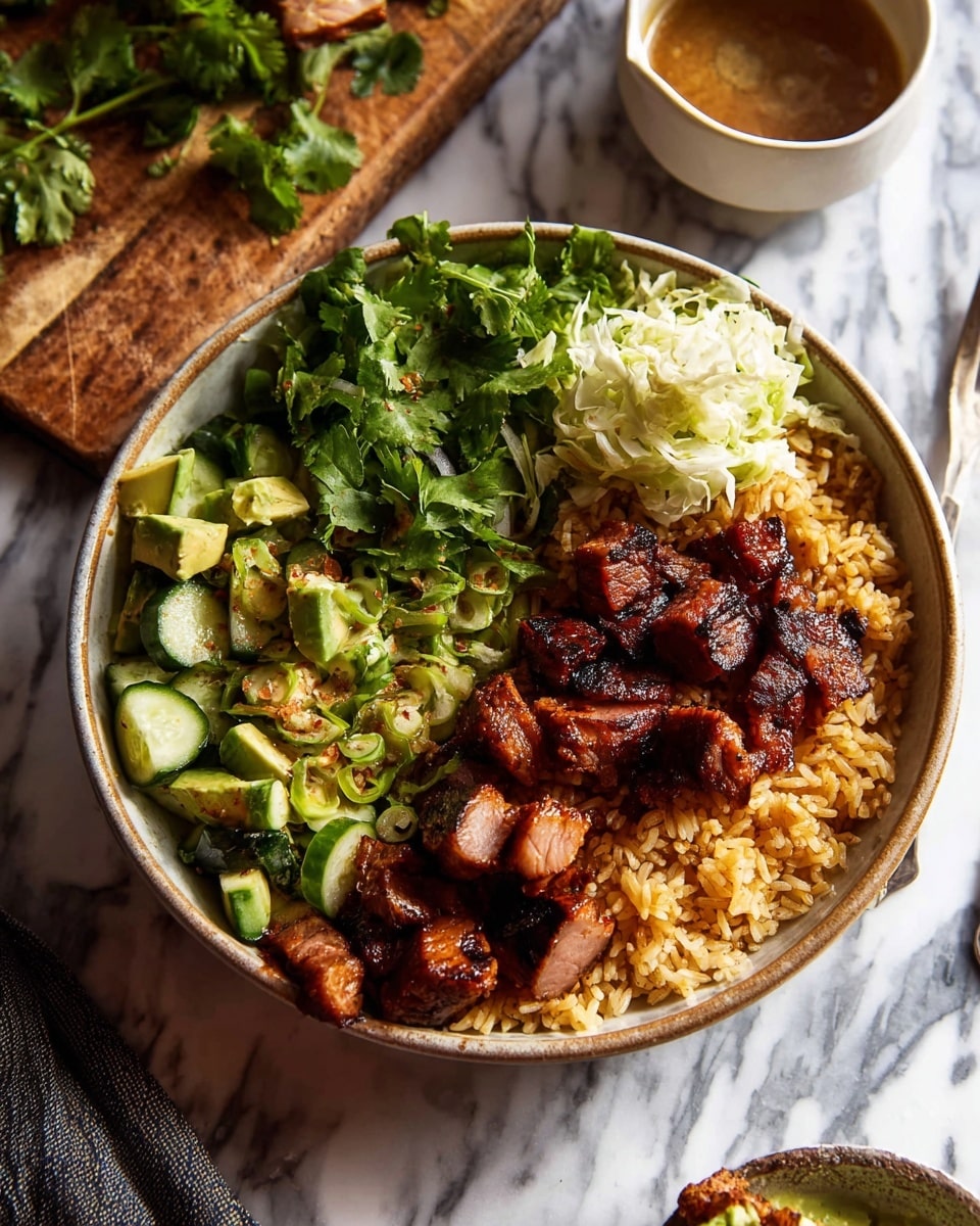 A round bowl shows a layered dish on a white marbled surface. The bottom layer is golden-brown cooked rice spread across the bowl. On top of the rice, there are chunks of grilled, dark reddish-brown meat with slight char marks, positioned mainly on the right side. Next to the meat on the right is a small pile of finely shredded pale cream cabbage. On the left side of the bowl, there is a fresh green mix of chopped cucumbers, cilantro leaves, and avocado pieces with a light green sauce drizzled over them. A small white bowl with a brown liquid is in the background, along with a wooden board and some loose cilantro leaves. photo taken with an iphone --ar 4:5 --v 7