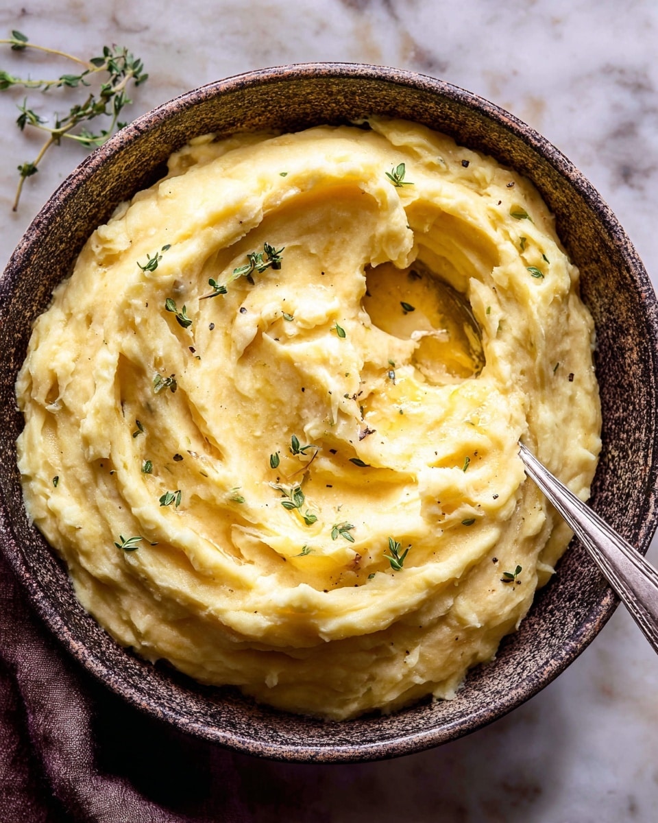 A rustic bowl filled with thick, creamy mashed potatoes, showing soft yellow color with a slightly lumpy texture. The mashed potatoes are swirled in layers, with a few visible strands of melted cheese pulling gently away from the main mound. Small green sprigs of fresh herbs, likely thyme, are scattered on top for color contrast. The bowl has a dark, speckled pattern and sits on a white marbled surface, with a woman's hand gently holding it from the bottom left corner. A metal spoon is partially embedded in the creamy potatoes, making a small well in the middle. photo taken with an iphone --ar 4:5 --v 7