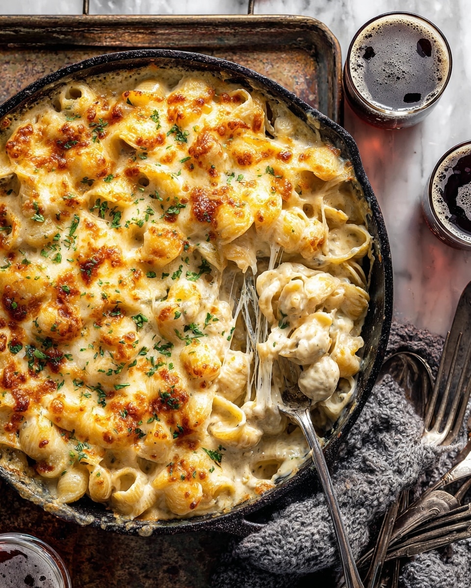 A cast iron skillet filled with creamy pasta baked with melted cheese on top, showing a mix of pale yellow pasta shells covered in bubbly, golden-brown cheese with a sprinkle of finely chopped green herbs. The cheese layer has spots of brown from baking and stretches in long strings as a spoon lifts a serving. The skillet sits on a worn metal tray with a white marbled texture underneath, with several silver forks and spoons resting together beside it. Two glasses filled with dark beer are partially visible near the skillet, and a gray knit cloth is placed next to the tray on the white marbled surface. Photo taken with an iphone --ar 4:5 --v 7