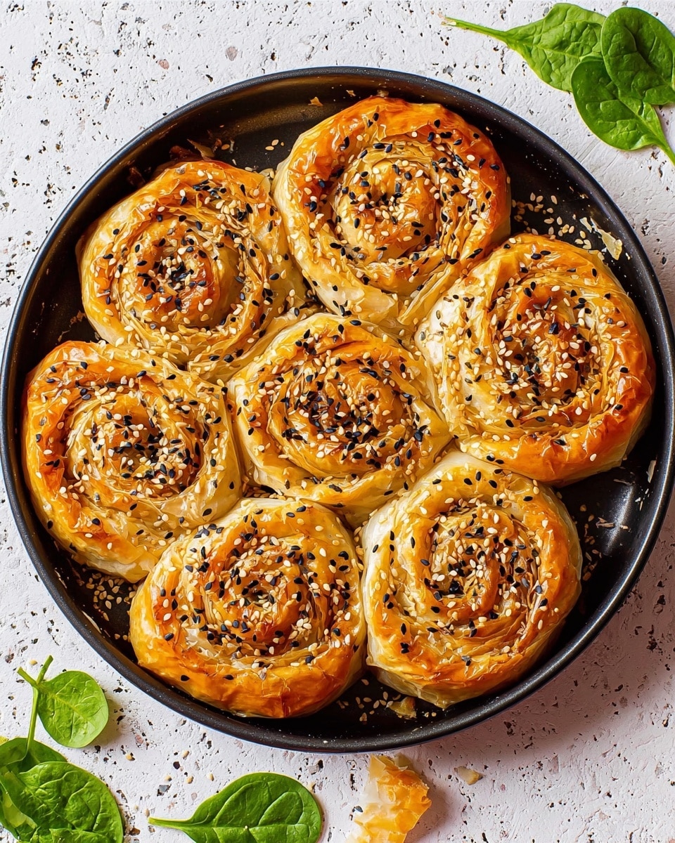 The dish shows five round, spiral-shaped pastries tightly arranged in a black round pan, with one thick golden-brown layer of crispy phyllo dough rolled into spirals, each sprinkled lightly with black sesame seeds on top. The edges of the dough are slightly darker, showing a nice baked finish, while the center rolls appear softer with visible folds and creases. Some flaky bits of dough are scattered near the empty space in the pan. The pan rests on a white marbled textured surface with a few spinach leaves placed nearby. photo taken with an iphone --ar 4:5 --v 7