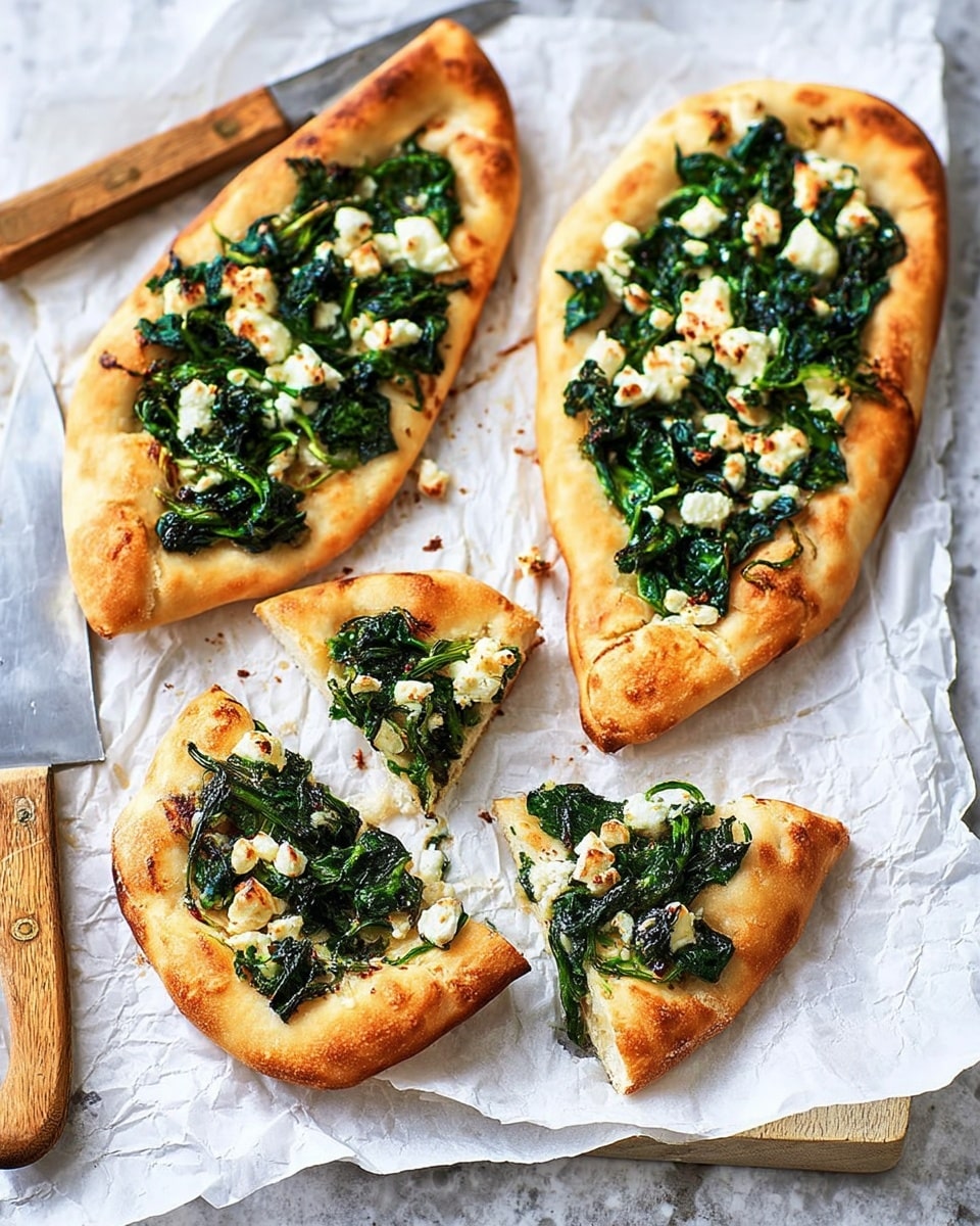 The image shows four boat-shaped flatbreads on a sheet of parchment paper, placed on a white marbled surface. Each flatbread has a thick, golden-brown crust that forms the edges, with a slight puff and shine. Inside, the filling layer is a mix of cooked dark green leafy vegetables, creamy white cheese chunks, and small browned pieces, all scattered evenly. Two of the flatbreads are whole and positioned longer, while the other two are cut into smaller triangular slices showing a soft, light dough interior with the same vegetable and cheese layer on top. A wooden-handled knife with a metal blade lies beside the flatbreads. The scene gives a warm, fresh-baked feel. photo taken with an iphone --ar 4:5 --v 7