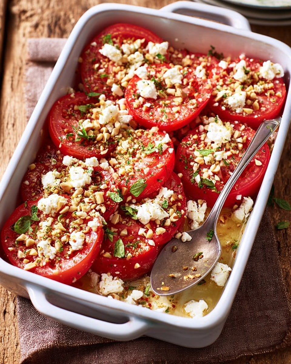 The dish is shown in a white rectangular baking dish placed on a white marbled surface with a brown cloth beside it. The bottom layer is sliced tomatoes, bright red and arranged in rows. On top of the tomatoes, there is a layer of crumbled white cheese scattered unevenly. The top layer consists of chopped nuts and seeds, lightly toasted, giving a crunchy texture with a sprinkle of fresh green herbs for color. A silver spoon is resting inside the dish on the right side. Photo taken with an iphone --ar 4:5 --v 7
