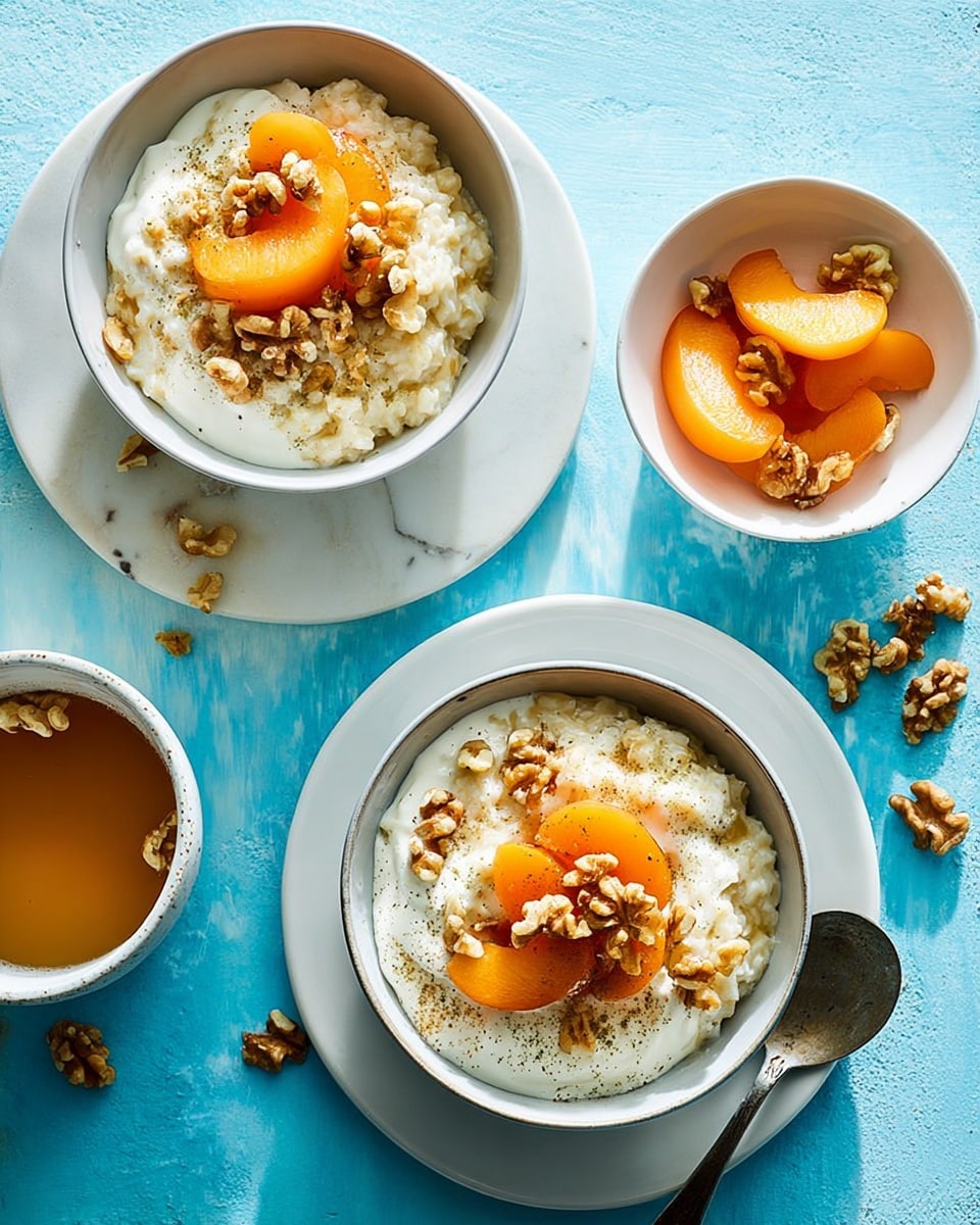 Three white bowls filled with creamy rice pudding form the base layer, topped with white yogurt, golden-orange apricot slices, and chopped brown walnuts as the top layer. Two bowls are placed directly on a white plate, with one spoon resting beside the bowl on the right; the third bowl sits on the left side partially on the white marbled surface. Nearby, a small white bowl holds extra apricot slices immersed in light amber syrup. Scattered walnut pieces add texture and detail around the bowls. The whole scene is set against a bright blue background, creating a fresh and inviting look. Photo taken with an iphone --ar 4:5 --v 7