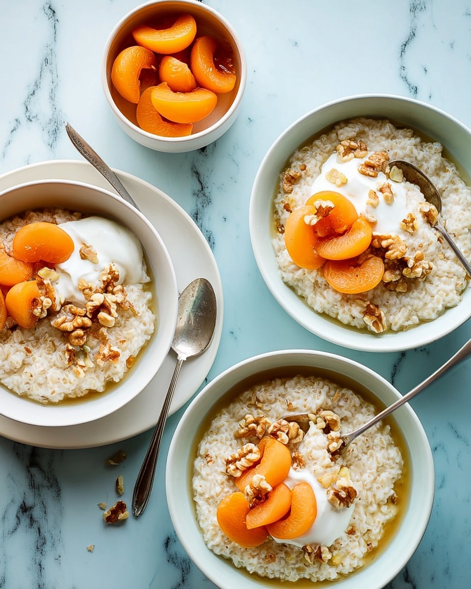 Three white bowls are filled with creamy, light beige rice pudding as the base layer. Each bowl has a topping of white yogurt or cream in the center, surrounded by small orange apricot slices and scattered brown walnut pieces. One bowl is placed on a white plate along with a silver spoon resting beside it, and next to that plate is a small white bowl filled with apricot slices in syrup. The setup is on a surface with a white marbled texture, and a woman's hand holds a spoon inside one of the bowls. Photo taken with an iphone --ar 4:5 --v 7