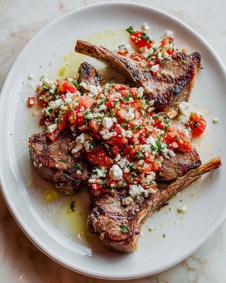 The image shows a white oval plate with five grilled lamb chops arranged in a slightly overlapping circle. The lamb chops have a rich brown color with visible grill marks and a crispy texture on the edges. On top of and around the chops is a fresh topping made of small white crumbles that look like cheese mixed with bright red diced tomatoes and finely chopped green herbs. The mixture looks fresh and slightly moist, with a drizzle of light sauce or oil adding shine and some small drops around the plate. The plate is placed on a white marbled surface. photo taken with an iphone --ar 4:5 --v 7