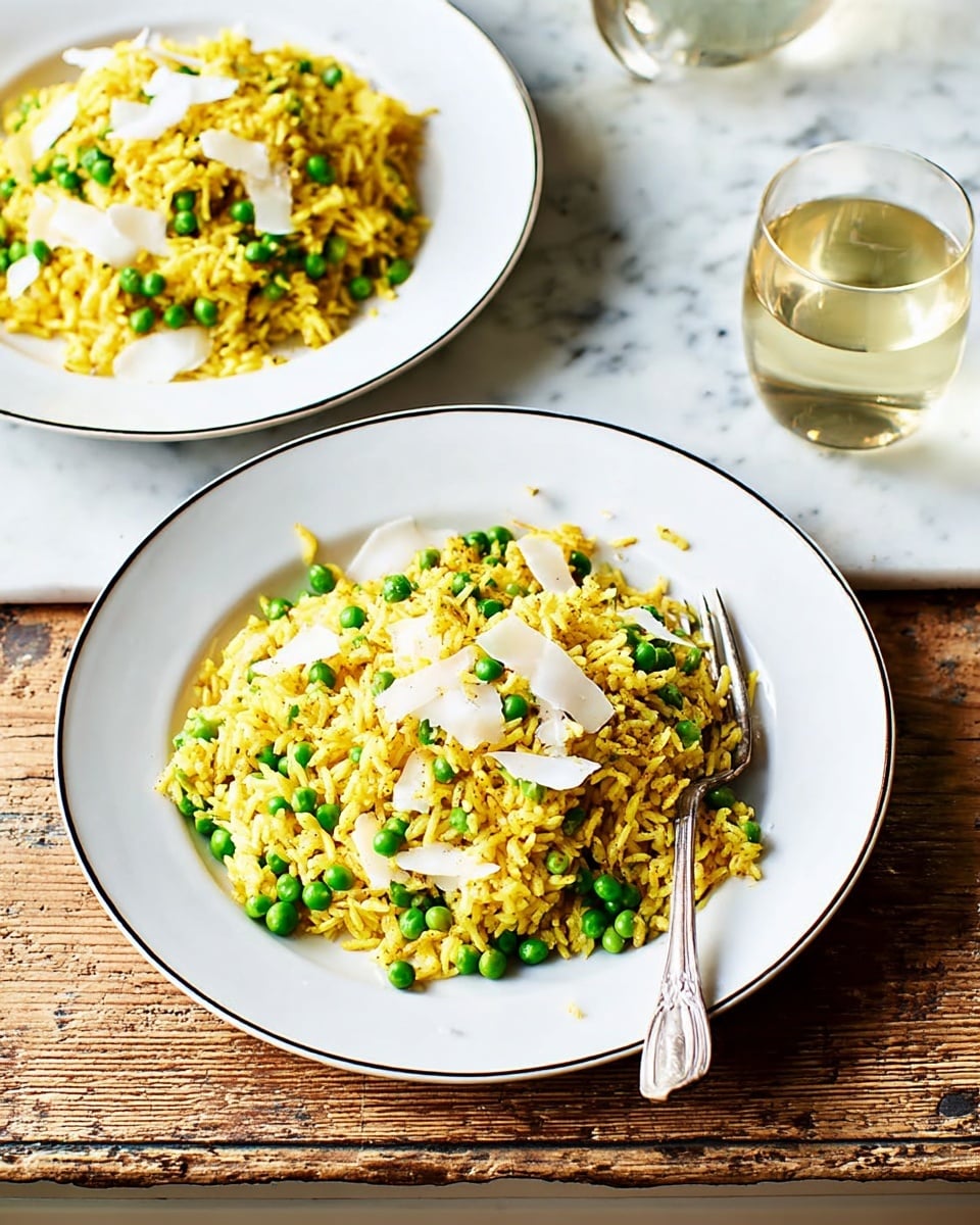 Two white round plates with black rims hold a mound of yellow rice mixed with bright green peas scattered throughout. On top of the rice in both plates, there are thin, irregular white flakes placed unevenly. A silver fork rests on the edge of the plate in the front. The plates sit on a rough wooden table with a white marbled background behind. A glass with a light yellow drink is partly visible in the background. photo taken with an iphone --ar 4:5 --v 7