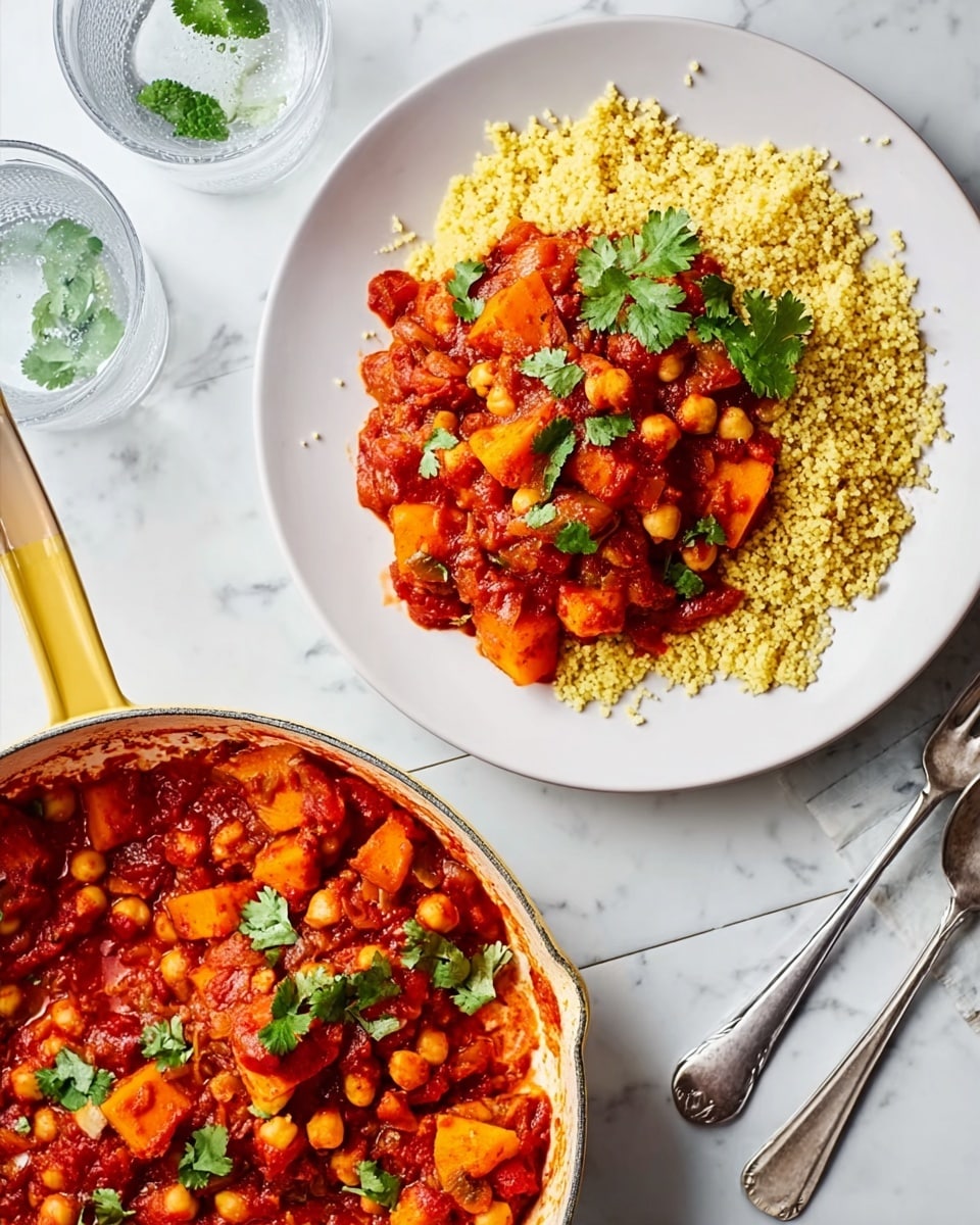 A white plate holds a serving of light yellow couscous topped with a scoop of thick, chunky stew rich in red tomato sauce, with visible pieces of chickpeas, orange sweet potatoes, and green cilantro leaves scattered on top. Next to the plate is a white pan with a yellow handle filled with the same stew, showing a thick texture and vibrant colors, garnished with fresh cilantro. The scene is set on a white marbled surface, with a glass of water and a glass of iced drink nearby, along with silver cutlery placed beside the plate. Photo taken with an iphone --ar 4:5 --v 7