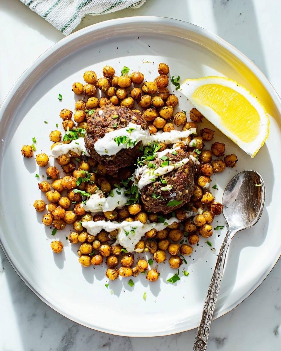 A white plate sits on a white marbled surface, filled with golden brown roasted chickpeas scattered around two dark brown meatballs placed in the center. The meatballs are topped with a drizzle of white sauce and sprinkled with chopped green herbs. To the right of the meatballs is a bright yellow lemon wedge. A silver spoon rests on the edge of the plate near the lemon, partially touching the chickpeas. The shadow and light show a fresh, bright setting. photo taken with an iphone --ar 4:5 --v 7