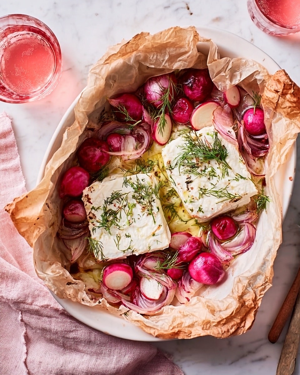 The image shows a piece of white parchment paper lined inside a white dish, filled with a cooked dish featuring two thick white cheese blocks placed in the center. Around and slightly under the cheese, there are roasted pink radishes and sliced red onions, all glistening with a light oil or sauce. Fresh green dill sprigs are sprinkled on top of the cheese and vegetables, giving a fresh touch. The parchment edges are crumpled and browned from cooking. Nearby is a glass filled with a pink drink, set on a white marbled surface with a soft pink cloth napkin partially visible at the bottom left corner. photo taken with an iphone --ar 4:5 --v 7