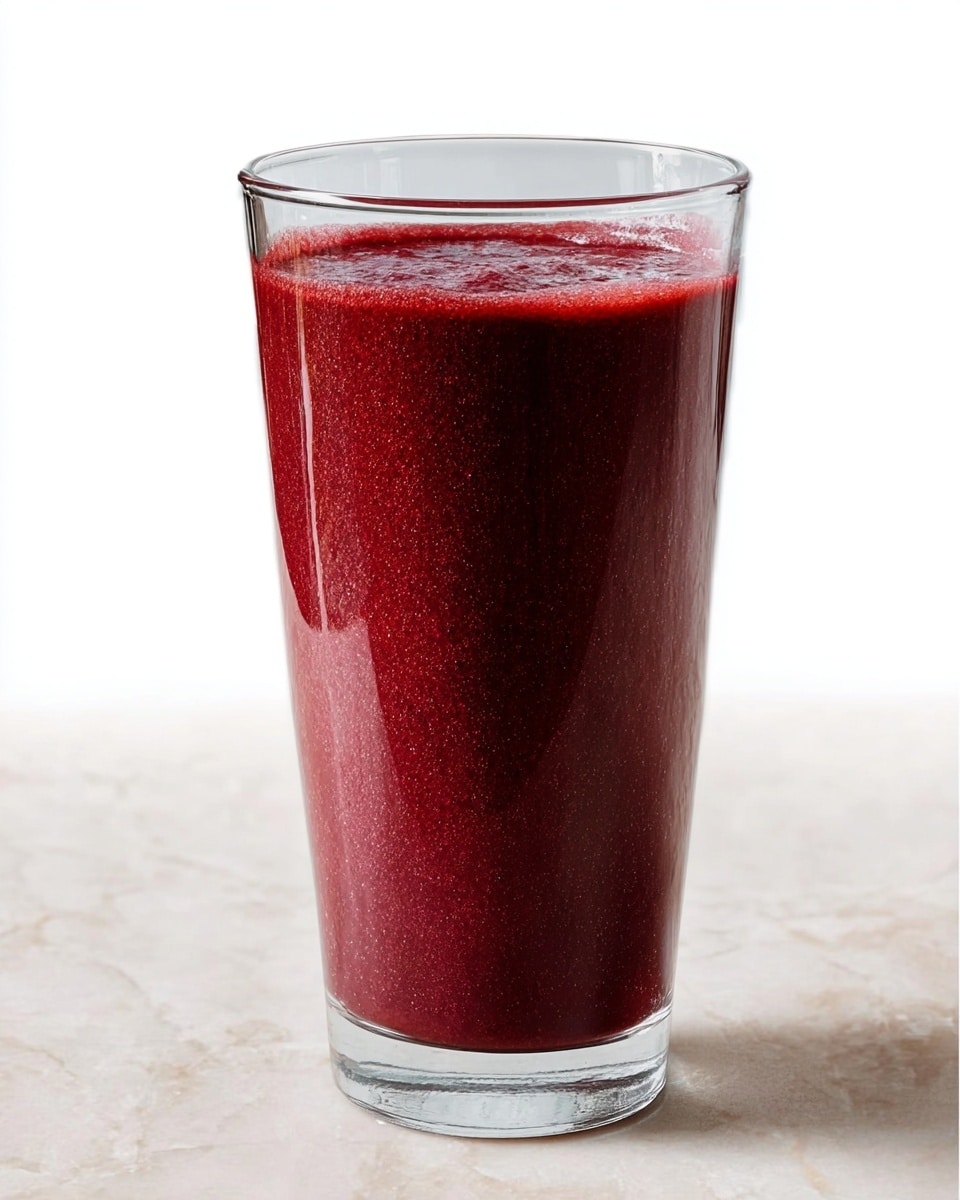 A tall clear glass filled with a thick dark red smoothie showing a slightly textured surface, standing on a white marbled background, with no other objects in the frame. The smoothie fills the glass almost to the top with a smooth but slightly uneven layer on the surface. Photo taken with an iphone --ar 4:5 --v 7