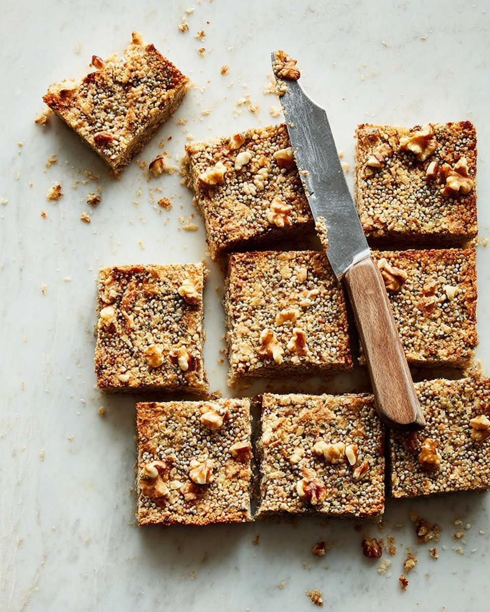 Nine square, textured granola bars are scattered on a white marbled surface with a knife at the top right side. Each bar has a rough, crumbly look with layered ingredients visible, showing a mix of light brown oats and seeds combined with darker granola bits. Walnut pieces are spread across the tops, adding a bumpy texture with their uneven shapes and warm brown color. The bars have a toasted edge that is darker and crispier, contrasting with the lighter inner parts. Some small crumbs surround the bars, and one bar is slightly broken on the corner, revealing a dense and grainy inside. Photo taken with an iphone --ar 4:5 --v 7
