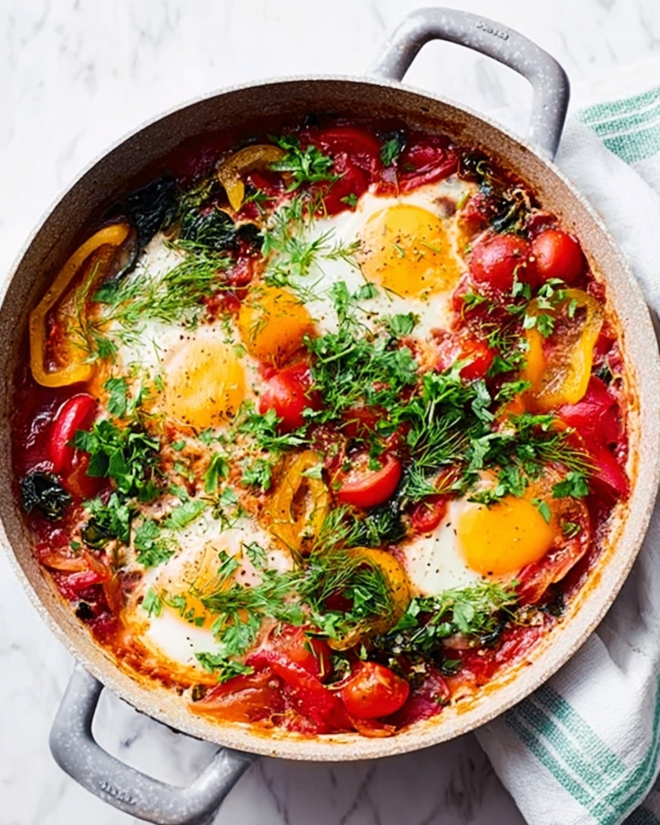 A round frying pan filled with a colorful shakshuka dish sits on a white marbled surface. The dish has three visible layers: the bottom layer is a rich red tomato sauce with chunks of cooked tomatoes and bits of green spinach scattered throughout. The second layer consists of three eggs poached in the sauce, their whites cooked firm with bright yellow yolks still slightly runny. On top, bright red cherry tomato halves, slices of yellow and red bell peppers, and finely chopped fresh green herbs like parsley and dill add texture and freshness, covering the surface unevenly. The frying pan is light gray with two metal handles, and beside it is a white cloth with thin green lines. photo taken with an iphone --ar 4:5 --v 7
