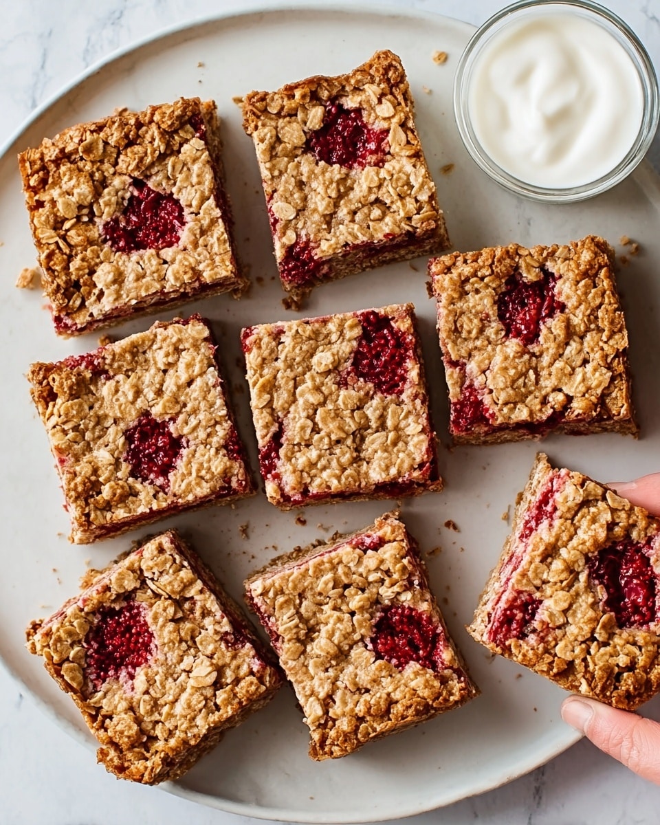 The image shows a white plate with eight square oat bars, each bar having a textured golden brown oat top layer with visible whole oats, and patches of bright red raspberry filling peeking through unevenly in the middle layer. One bar is partially cut and held by a woman's hand from the top right corner, revealing the inside texture. The bars are arranged on a white marbled background, and a small glass bowl with white cream is placed near the top right corner. The photo taken with an iphone --ar 4:5 --v 7