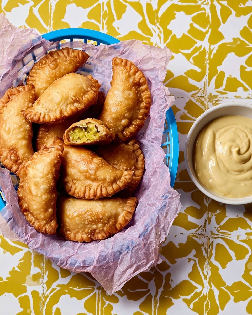 A blue basket lined with crinkled light purple paper holds nine golden-brown fried hand pies, each half-moon shaped with crimped edges and a bubbly, crispy texture on the surface. One hand pie is broken in half on top, revealing a soft, yellow-green filling inside. Next to the basket is a small white bowl filled with a creamy pale yellow dipping sauce, all placed on a white marbled surface with a patterned yellow and white background. photo taken with an iphone --ar 4:5 --v 7