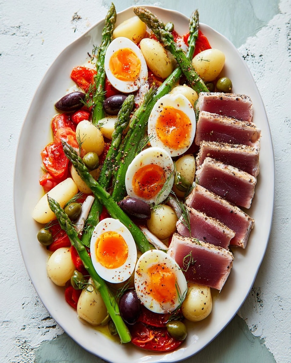 The dish is arranged on a white oval plate with layers of different ingredients: at the bottom, there are halved small white potatoes and quartered red tomatoes spread across the plate, topped with whole green asparagus spears placed diagonally. On top of this, there are several halved soft-boiled eggs with bright orange yolks, scattered evenly. There are also dark purple olives and green caper berries with long stems scattered across the plate. Near the bottom right, thin slices of seared tuna with a pink center and lightly browned edges are layered neatly. The entire dish has a light dressing and is sprinkled with black pepper. The plate sits on a white marbled textured surface. photo taken with an iphone --ar 4:5 --v 7