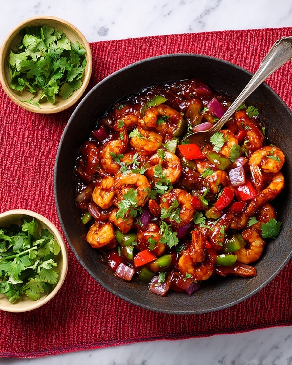 A black bowl filled with three layers of food sits on a red woven mat over a white marbled surface. The bottom layer is a glossy, thick dark red-brown sauce that coats the ingredients. The middle layer consists of small, bright orange-brown shrimp and chunks of red and green bell peppers along with purple onion pieces, all mixed together and covered in sauce. The top layer is a sprinkle of fresh green cilantro leaves, adding a fresh touch. A metal spoon rests inside the bowl, partially covered by the food. Next to the bowl, there is a small beige bowl with fresh green cilantro leaves. Photo taken with an iphone --ar 4:5 --v 7