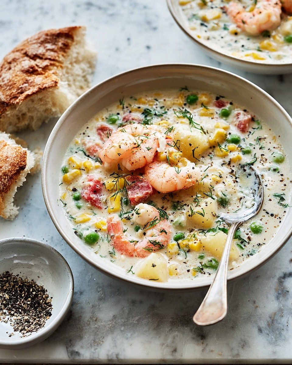 A white shallow bowl filled with creamy shrimp chowder sits on a white marbled surface with a torn piece of crusty bread beside it. The chowder has large pink shrimp on top, with visible layers of yellow corn, green peas, red tomatoes, and chunks of white potato in a thick white broth speckled with black pepper and fresh green herbs. A spoon rests inside the bowl, showing the dense texture of the soup. Next to the bowl is a small white bowl with a mix of black pepper. The whole scene is softly lit with natural light, highlighting the colors and textures of the food, all on a white marbled surface. photo taken with an iphone --ar 4:5 --v 7