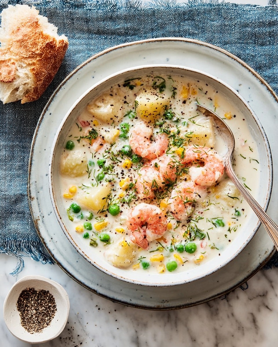 A white bowl filled with creamy chowder showing five pink shrimp placed on top along with scattered green peas, yellow corn kernels, and chunks of white potatoes. The chowder has a thick white sauce mixed with finely chopped green herbs and black pepper sprinkled on top. A silver spoon rests inside the bowl on the right side. The bowl sits on a white plate with blue-gray edges, placed on a white marbled surface with a blue cloth underneath. To the left of the bowl, there is a piece of torn bread and a small white dish containing ground black pepper. The photo is bright and clear. photo taken with an iphone --ar 4:5 --v 7