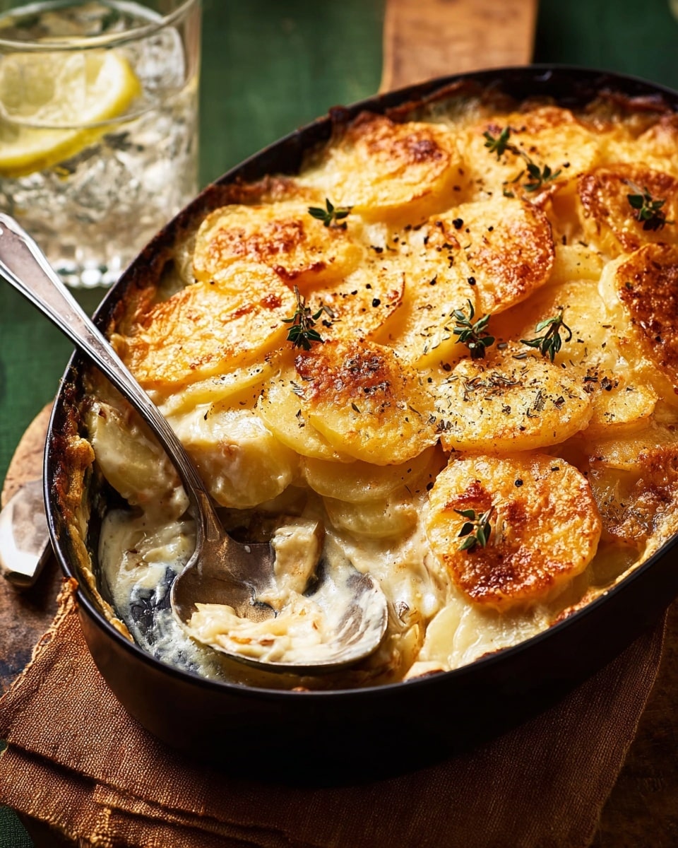 A black oval dish filled with a golden, baked potato gratin featuring several layers of thinly sliced, creamy yellow potatoes topped with a browned, bubbly cheese crust sprinkled with small green thyme leaves. The top layer is crispy and lightly charred in spots, creating a mix of smooth and rough textures. A silver spoon rests inside the dish, partially scooping some of the soft potatoes. The dish sits on a wooden table paired with a brown cloth napkin, a glass of water with ice and a lemon slice, and gold cutlery are arranged nearby. photo taken with an iphone --ar 4:5 --v 7