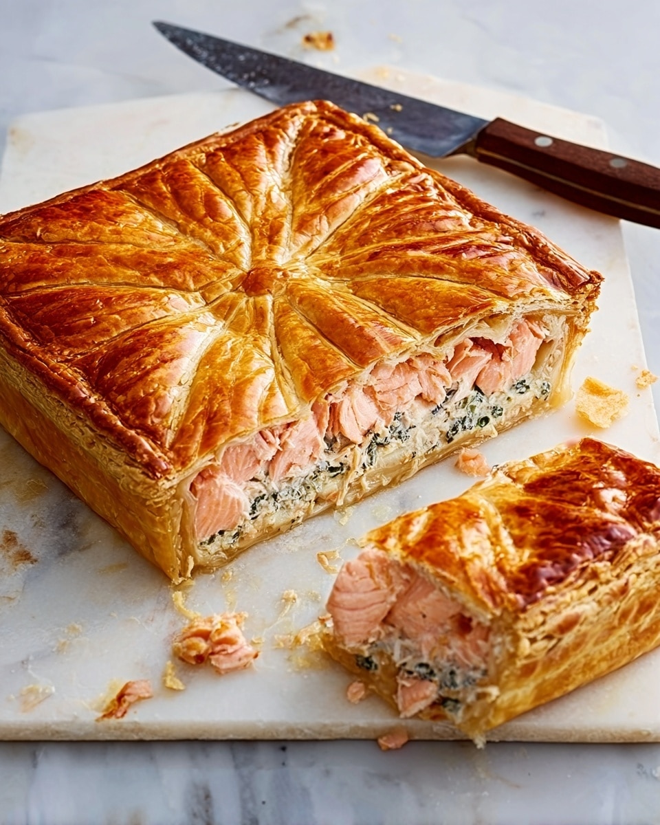 A golden brown square pie sits on a white marbled surface, with one large slice cut and slightly separated from the main pie. The crust is shiny and has a scalloped pattern on top, showing a flaky and crisp texture. Inside the slice, there are three clear layers: a top layer of pink salmon, a middle green and white creamy filling likely with herbs, and a bottom layer of pale cooked fish or salmon also flaky in texture. A knife with a dark wooden handle lies above the pie with some crumbs on it. Photo taken with an iphone --ar 4:5 --v 7