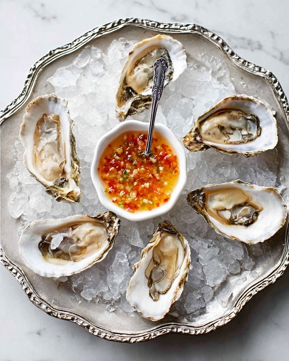 A silver platter shaped with scalloped edges holds seven opened oysters arranged in a circle on a bed of crushed ice. The oysters show creamy, shiny, beige shells with dark, rough outer edges and moist, light grayish meat inside. In the center of the platter is a small white bowl filled with a bright orange sauce containing small pieces of red and yellow ingredients. A small silver spoon rests inside the bowl, its handle pointing outward. The scene sits on a white marbled surface. photo taken with an iphone --ar 4:5 --v 7