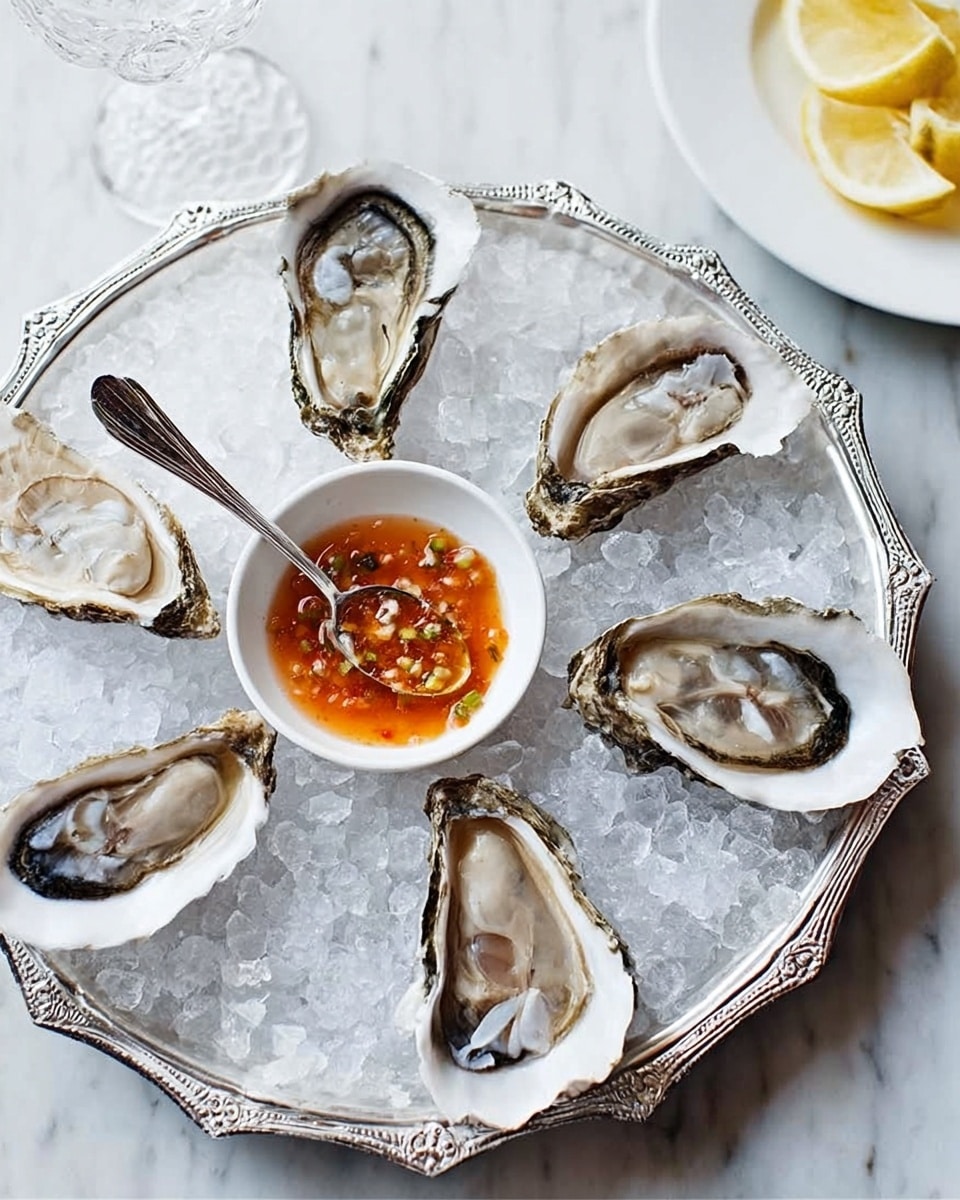 A white metal scalloped-edge tray filled with crushed ice holds seven opened oysters arranged in a circle around a small white bowl of orange sauce with small diced vegetables inside, a silver spoon resting in the bowl. The oysters have rough dark gray outer shells with smooth white inner shells and plump beige oyster meat. The tray sits on a white marbled textured surface, and part of a white plate with lemon wedges is visible in the upper right corner. photo taken with an iphone --ar 4:5 --v 7