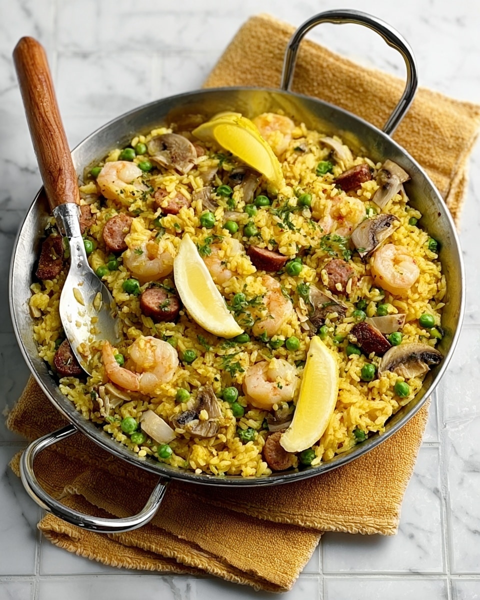A large black pan filled with yellow rice mixed with green peas, light brown mushrooms, shrimp, and pieces of cooked meat. The rice looks fluffy and moist, with small bits of spices scattered. On top, two lemon wedges sit neatly, adding a fresh touch. A large spoon with a wooden handle is placed inside the pan, resting on the food, ready to serve. The pan sits on a folded beige cloth on a white marbled surface. photo taken with an iphone --ar 4:5 --v 7