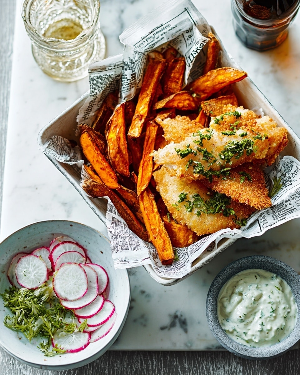 The image shows a white square basket lined with newspaper print paper holding two main layers: at the bottom, orange-brown sweet potato fries arranged loosely, and on top, three pieces of golden-brown fried fish sprinkled with green herbs. To the right of the basket, a small gray bowl contains a creamy white sauce with green herbs mixed in. Below the basket, there is a white round bowl with thinly sliced radishes and green herbs. The background is a white marbled texture with a glass of dark drink and a glass bottle of light liquid next to the basket. Photo taken with an iphone --ar 4:5 --v 7
