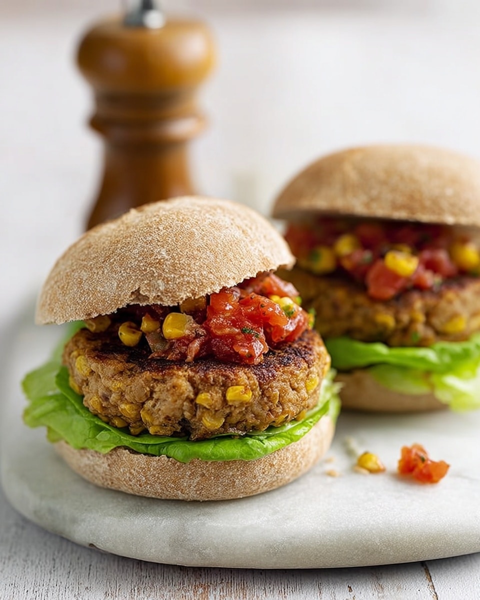 Two burgers sit side by side on a white marbled surface. Each burger has a whole wheat bun top that is light brown and slightly textured. Inside, there is a green lettuce leaf at the bottom, topped by a thick patty with a rough, grilled surface showing bits of corn and other ingredients. On top of the patty, there is a layer of finely chopped red tomatoes that look juicy and fresh. The bottom bun is visible under the lettuce, completing each burger. A wooden pepper grinder is blurry in the background, adding softness to the image. Photo taken with an iphone --ar 4:5 --v 7