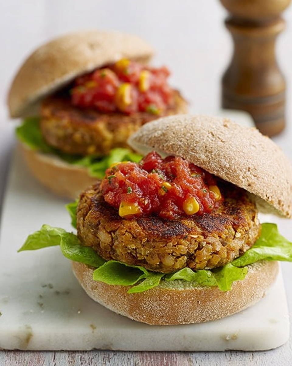 Two sandwiches sit on a white marbled surface, each made with a whole wheat bun. The bottom layers are fresh green lettuce leaves, topped with thick veggie patties that contain visible bits of corn and a crispy browned texture. On top of each patty is a bright red tomato salsa. The top buns rest slightly off to the side, showing the inside layers clearly. In the background, a pepper grinder is visible but out of focus. Photo taken with an iphone --ar 4:5 --v 7