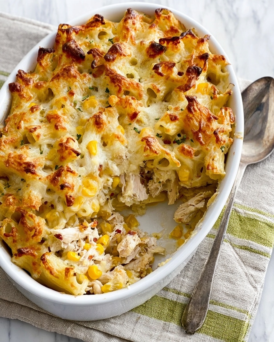 A white oval casserole dish filled with a baked pasta casserole showing two clear layers: the bottom layer has rigatoni pasta mixed with pieces of chicken, corn kernels, and small bits of red pepper, while the top layer is a thick, golden-brown melted cheese crust, slightly crispy on the edges. A silver spoon with some pasta scraps rests on the white marbled surface beside the dish, and the dish is placed on a beige and green striped cloth. Photo taken with an iphone --ar 4:5 --v 7