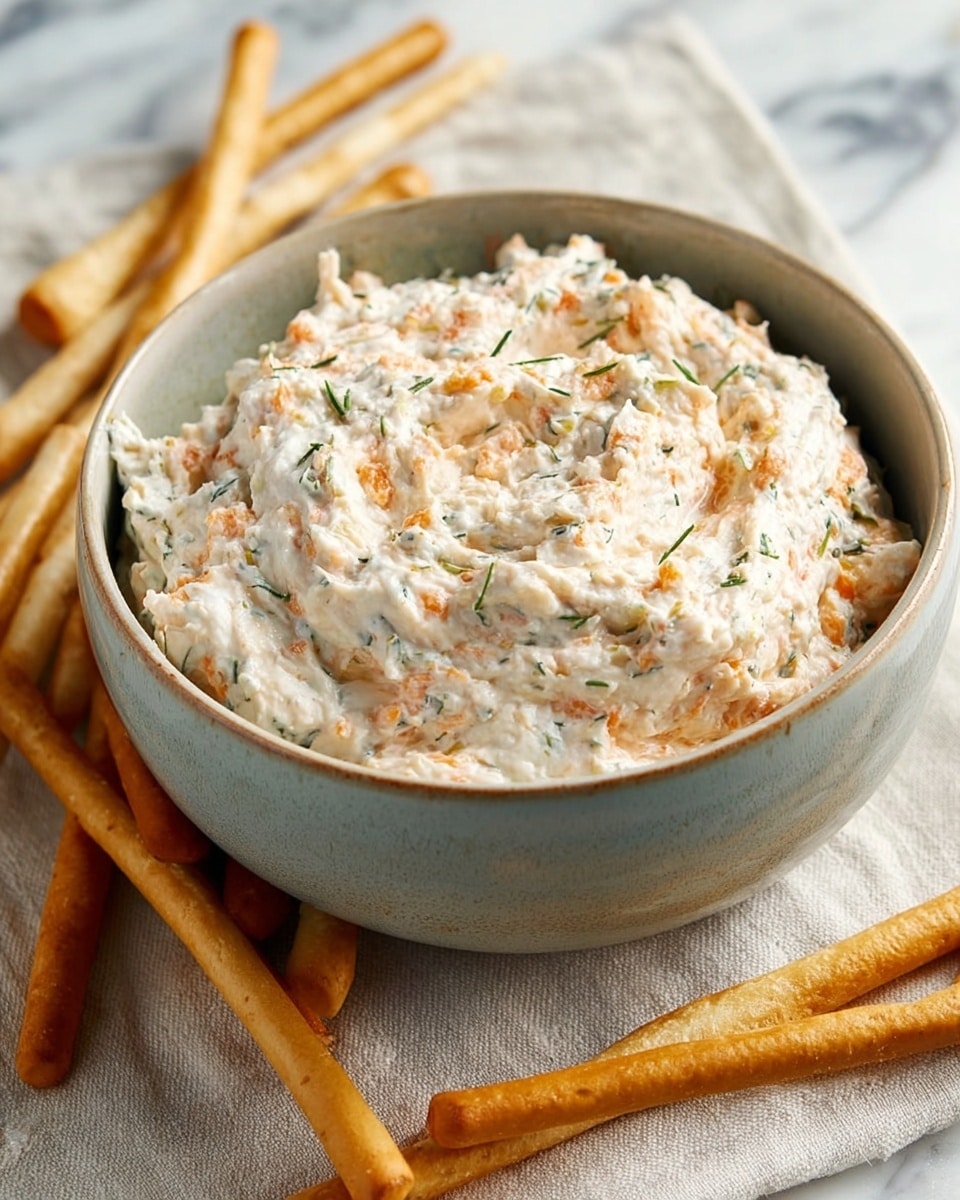 A gray bowl filled with a thick, creamy dip that has a soft texture, mixed with small bits of orange and green herbs spread throughout. The bowl is placed on a light-colored fabric over a white marbled surface. Around the bowl, there are several long, thin breadsticks standing upright and lying flat, their golden color creating a warm contrast. Photo taken with an iphone --ar 4:5 --v 7