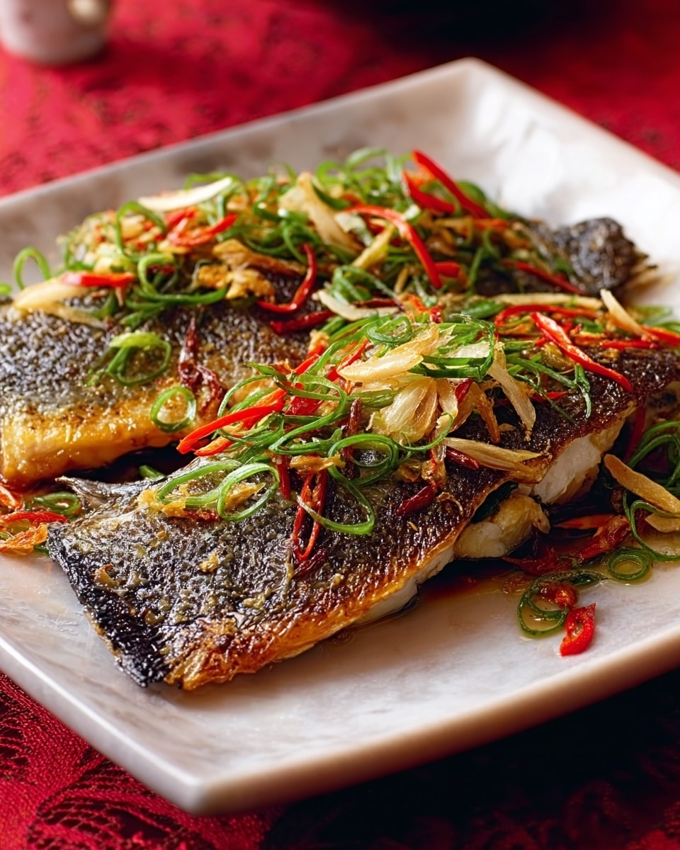 The image shows two pieces of cooked fish with crispy, golden-brown skin placed on a white square plate. The fish is topped with thinly sliced green onions, curled red chili strips, and some delicate slices of garlic, adding a mix of green, red, and light brown colors on top. The plate is set on a white marbled surface with a red cloth underneath, creating a warm and inviting look. photo taken with an iphone --ar 4:5 --v 7