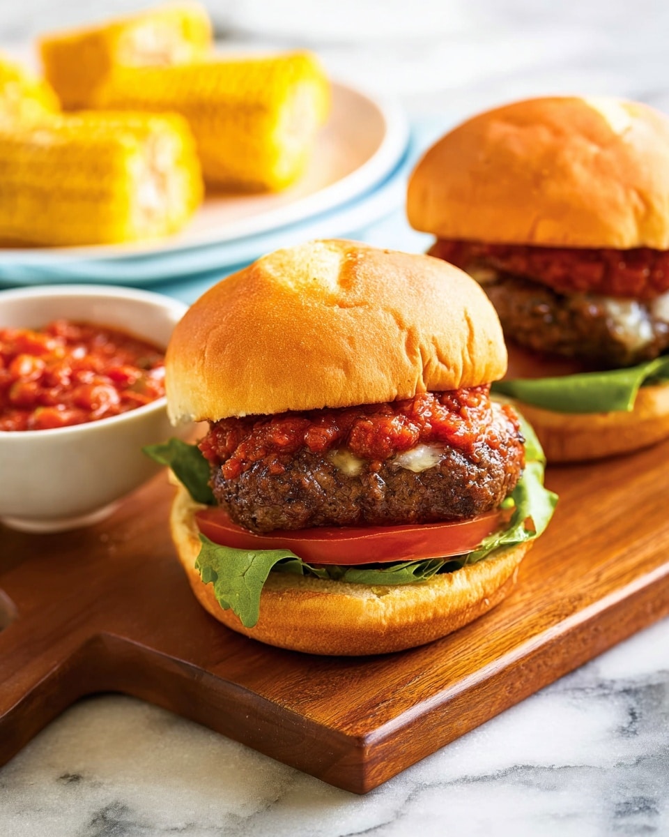 The image shows two burgers placed on a wooden board set on a white marbled surface. Each burger has four visible layers: a soft, golden-brown top bun with a smooth, slightly cracked surface; below it, a thick layer of chunky red salsa; next, a juicy brown beef patty with some melted cheese peeking out on one side; underneath the patty, bright red tomato slices; followed by fresh green lettuce leaves; and finally, a lightly toasted golden-brown bottom bun. In the background, there is a white bowl filled with chunky red salsa and a white plate with yellow grilled corn pieces. The scene is brightly lit giving a fresh and appetizing look. Photo taken with an iphone --ar 4:5 --v 7