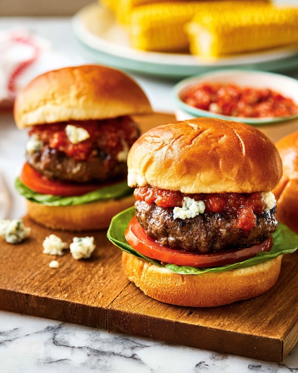 The image shows a close-up of two burgers on a wooden board placed on a white marbled surface. Each burger has four layers visible from bottom to top: a lightly toasted shiny golden bun base with grill marks, a fresh green lettuce leaf, a slice of red tomato, a thick grilled beef patty with melted blue cheese oozing from the side, and a chunky red sauce spread on top, all held together by a soft shiny golden top bun. In the background, there is a white bowl of red chunky salsa and a white plate with yellow grilled corn. photo taken with an iphone --ar 4:5 --v 7