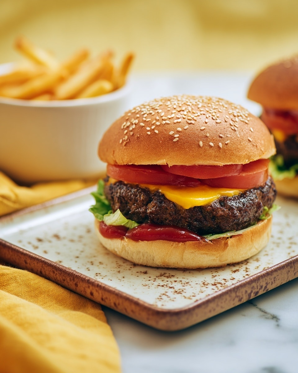 A close-up view of a cheeseburger placed on the left side of a rectangular white ceramic plate with brown speckles and spots. The burger has a sesame seed top bun that covers two thin slices of red tomato. Below the tomato is a thick, dark brown grilled beef patty with melted yellow cheese peeking through. Under the patty lies a crisp green lettuce leaf and a spread of bright red ketchup on the bottom bun, which is golden brown and slightly toasted. In the background to the left, there is a white bowl filled with golden French fries, all set on a white marbled textured surface with a soft yellow cloth partially visible at the bottom left corner. Photo taken with an iphone --ar 4:5 --v 7