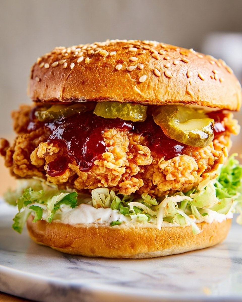 A close-up view of a fried chicken sandwich on a sesame seed bun, showing three main layers inside. The bottom layer has green leafy lettuce with white mayonnaise spread on the soft toasted bun. The middle layer features a large piece of golden-brown, crispy fried chicken with a rough, crunchy texture. On top of the chicken, there are green pickle slices covered partially by a shiny, deep red jelly-like sauce. The sandwich is placed on a white plate with a white marbled texture background. photo taken with an iphone --ar 4:5 --v 7