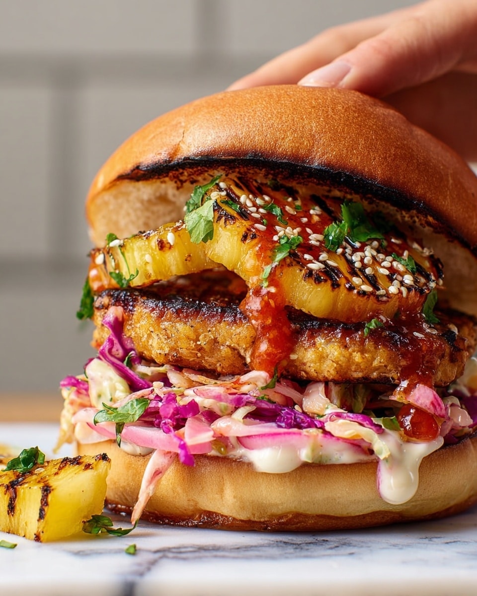 A close-up of a sandwich held by a woman's hand with a toasted golden-brown bun as the top layer. Inside, the first layer at the bottom is a mix of thinly sliced radishes and purple cabbage with creamy white sauce dripping slightly over the edge. Above that are two crispy, golden-brown patties stacked on each other, sprinkled with sesame seeds. On top of the patties, there is a layer of grilled pineapple chunks with black char marks and green herbs scattered over them. A bright red sauce is drizzled over the pineapple and patties, adding a glossy finish. There are small pieces of grilled pineapple and green herbs placed beside the sandwich on a white marbled surface. photo taken with an iphone --ar 4:5 --v 7