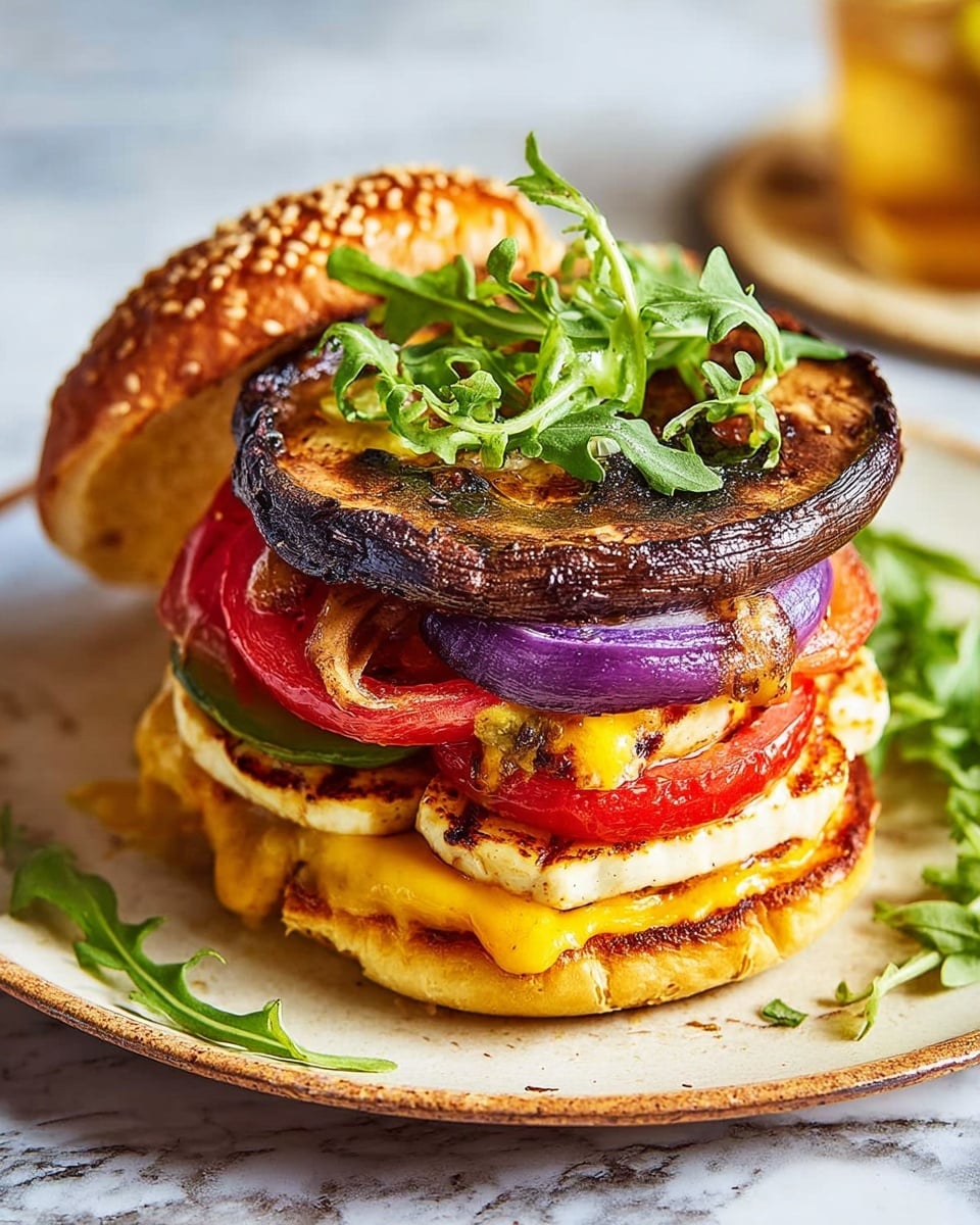 A close-up of a sandwich stacked in five layers on a white plate, sitting on a white marbled surface. The bottom layer is a toasted bun with a slightly golden color, topped with melted yellow cheese that peeks out. Above this is a grilled white halloumi cheese layer with light brown grill marks, followed by slices of bright red tomato and charred purple onion rings. The next layer is a large, dark brown grilled portobello mushroom cap with a shiny texture, garnished with fresh green arugula leaves. The top sesame seed bun is placed slightly to the side, resting on the plate, with some extra arugula nearby. The image looks warm and inviting, photo taken with an iphone --ar 4:5 --v 7