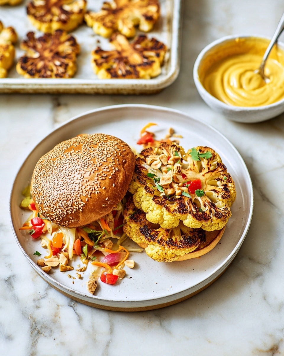 The image shows a white plate on a white marbled surface with a sandwich and a small bowl of yellow sauce. The sandwich has a sesame seed-covered golden brown bun on top, and the bottom bun holds two thick, golden roasted cauliflower slices with visible char marks. On top of the cauliflower, there are colorful toppings, including red diced tomatoes, green herbs, peanuts, and orange thin crunchy bits, scattered partially on the plate. To the right of the sandwich is a small white bowl filled with creamy yellow sauce with a swirl pattern on top. In the upper left corner of the image, there is a white baking tray containing several more roasted cauliflower slices with a browned, crispy texture. photo taken with an iphone --ar 4:5 --v 7