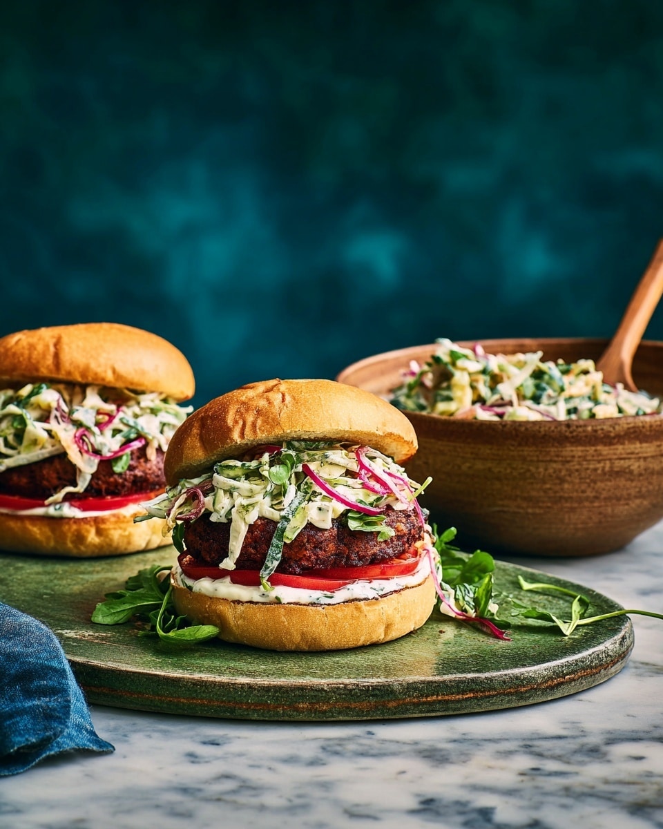 Two burgers are placed on a round green stone board over a blue cloth. Each burger has a toasted golden brown bun with the top bun slightly open. The bottom bun is spread with a white creamy sauce, followed by a slice of bright red tomato. On top of the tomato sits a thick, dark brown patty with a slightly rough texture. Over the patty, there is a heap of shredded white cabbage mixed with thin slices of red onion and fresh green herbs, finished with some green leafy arugula. To the right, there is a brown bowl filled with the same cabbage salad, with a wooden spoon inside it. The background has a deep dark teal tone and the scene is set on a white marbled surface. Photo taken with an iphone --ar 4:5 --v 7