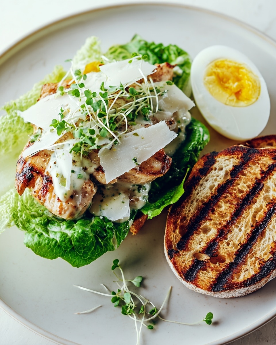 The dish is an open grilled chicken sandwich on a white plate with a white marbled surface. Starting from the bottom, there is a toasted sandwich bun half with visible grill marks in dark brown and burnt black shades on the top right of the plate. On the left side, there is a base layer of fresh green lettuce leaves with a crisp and slightly wrinkled texture. Two halves of a boiled egg with white and yellow yolks are placed on the lettuce, with one yolk partially exposed and soft textured. On top sits a golden-brown grilled chicken breast, topped with a creamy white sauce spread lightly over it and garnished with thin white cheese shavings and small green microgreens. Some microgreens are also scattered slightly on the plate. photo taken with an iphone --ar 4:5 --v 7
