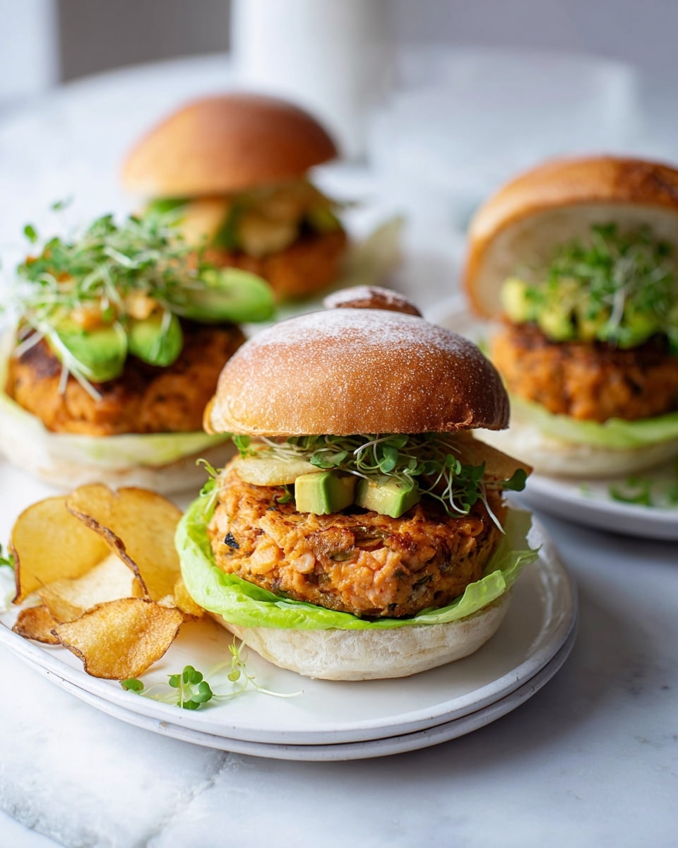 The image shows three salmon burgers on white plates placed on a white marbled surface. Each burger has a white bun with the top bun slightly lifted to reveal the layers underneath. The bottom layer is a piece of green lettuce, followed by a thick, orange-brown grilled salmon patty with visible bits of herbs and ingredients. On top of the patty, there are small green avocado chunks, a few golden potato chips, and some fresh green microgreens for garnish. Some potato chips are also scattered next to the front plate. The light is natural and soft, highlighting the texture of the ingredients. photo taken with an iphone --ar 4:5 --v 7