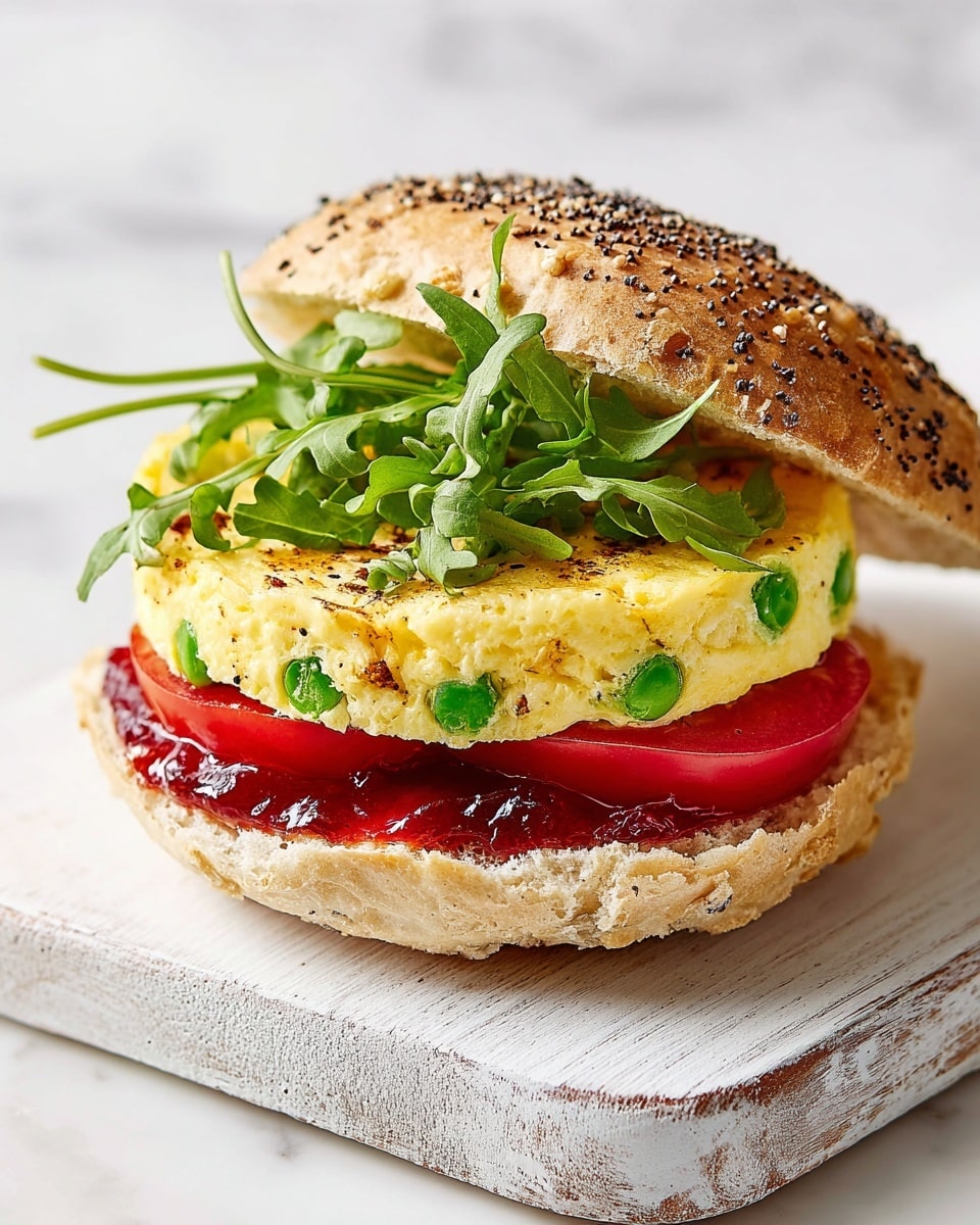 The image shows a sandwich made with a multi-seed bun that is light brown and sprinkled with dark seeds on top. The bottom layer is a visible spread of red jam or sauce, topped with two thick slices of fresh red tomato. Above that is a thick, round layer of a light yellow omelette with green peas embedded inside, showing a soft and fluffy texture. On top of the omelette, there is a small bunch of fresh green arugula leaves adding a touch of brightness. The sandwich is placed on a white cutting board with a smooth finish, set on a white marbled surface. The top bun is slightly tilted backward, revealing the sandwich filling clearly. Photo taken with an iphone --ar 4:5 --v 7