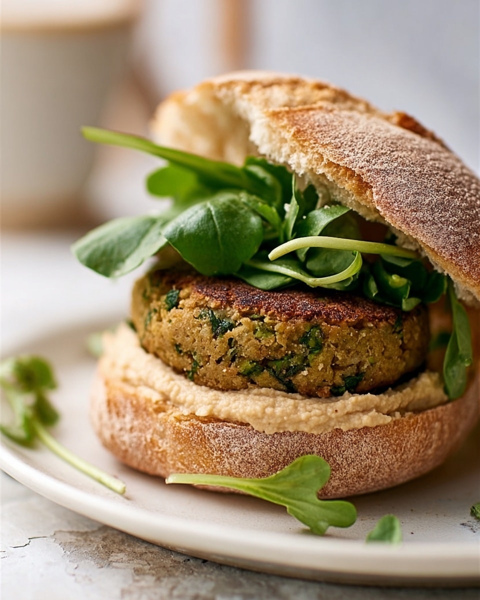 The image shows a close-up of a sandwich on a white plate placed on a white marbled surface. The sandwich has a crusty, lightly toasted bun with the top half tilted slightly to reveal the inside. The bottom bun is spread with a smooth beige hummus layer. On top of the hummus, there is a thick, round veggie patty with a green and brown speckled texture, showing small herbs mixed in. Fresh green watercress leaves rest on the patty, adding a leafy texture and vibrant color. The top bun covers part of the watercress, slightly lifted to show the layers. Photo taken with an iphone --ar 4:5 --v 7
