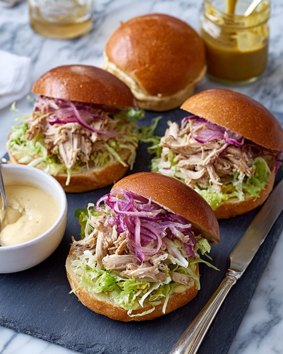 The image shows three chicken sandwiches on a dark slate board placed on a white marbled surface. Each sandwich has a soft golden brown bun with the top bun slightly lifted or set aside. Inside, there is a base layer of light green frisée lettuce, followed by a pile of shredded chicken topped with glossy, thinly sliced, purple pickled onions. One sandwich has the top bun removed and spread with a light layer of pale yellow mayo. Beside the board, there is a small white bowl filled with creamy mustard sauce and a silver knife with some mustard on its blade. A mustard jar with mustard inside is also visible in the background. Photo taken with an iphone --ar 4:5 --v 7
