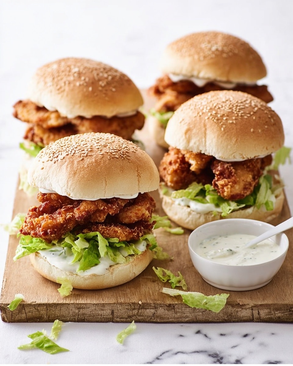 Four chicken sandwiches sit on a white wooden board with a small white bowl of white sauce and a white spoon resting inside it. Each sandwich has three layers: a top light beige sesame seed bun, crispy golden-brown fried chicken pieces in the middle, and fresh green lettuce with a spread of creamy white sauce on the bottom bun. The sandwiches are close to each other, with some lettuce pieces scattered around. The background is a white marbled texture. photo taken with an iphone --ar 4:5 --v 7